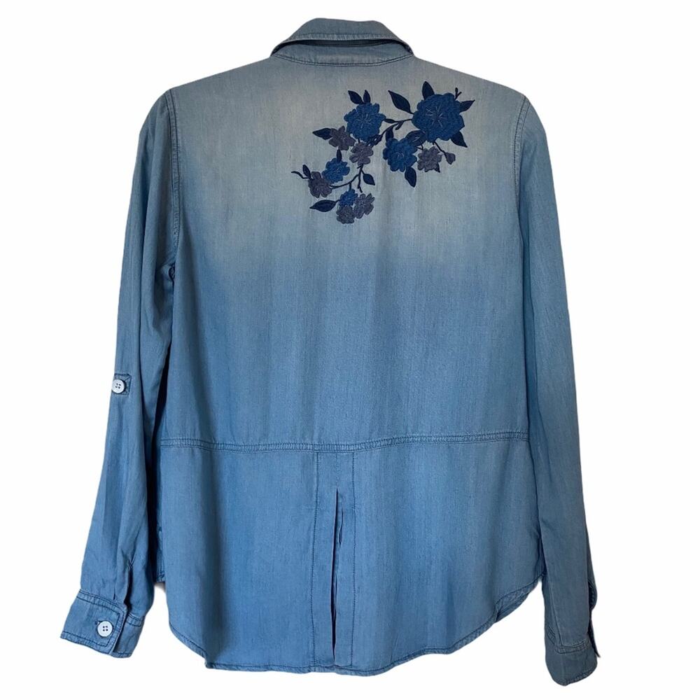 INC Embroidered Blue Chambray Button Front Long Sleeve Top Size 4P